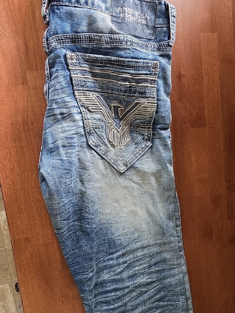 American Fighter Men's Washed Light Blue Embroidered Pocket Jeans